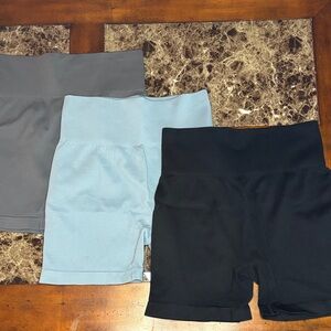 Set of Three High-Waisted Biker Shorts - Black, Gray, and Light Blue